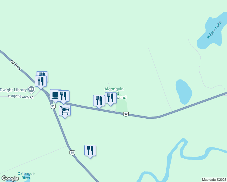 map of restaurants, bars, coffee shops, grocery stores, and more near 2883 Ontario 60 in Huntsville