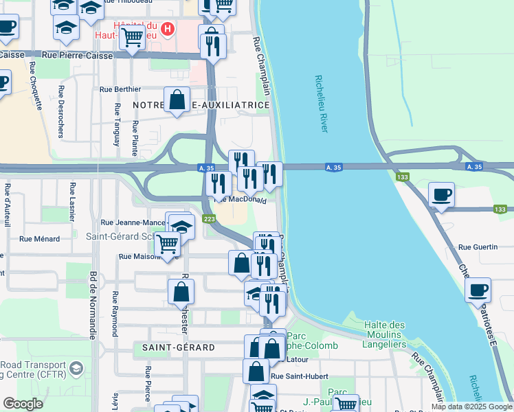 map of restaurants, bars, coffee shops, grocery stores, and more near 200 Rue MacDonald in Saint-Jean-sur-Richelieu