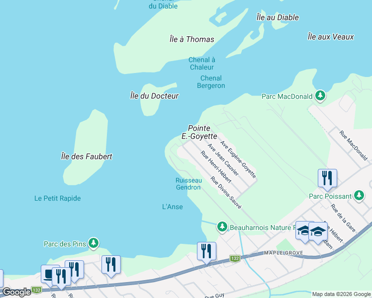 map of restaurants, bars, coffee shops, grocery stores, and more near 163 Rue Divina-Sauvé in Beauharnois