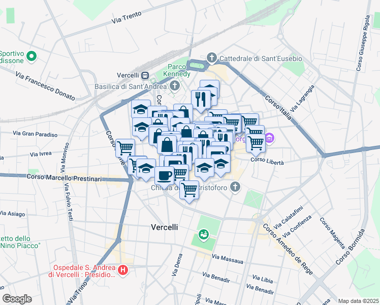 map of restaurants, bars, coffee shops, grocery stores, and more near 61 Via Dante Alighieri in Vercelli