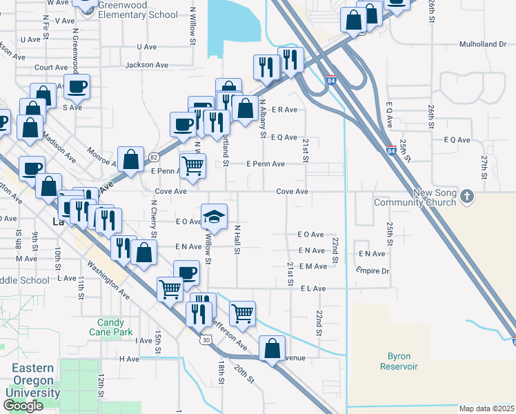 map of restaurants, bars, coffee shops, grocery stores, and more near 2212 Cove Avenue in La Grande