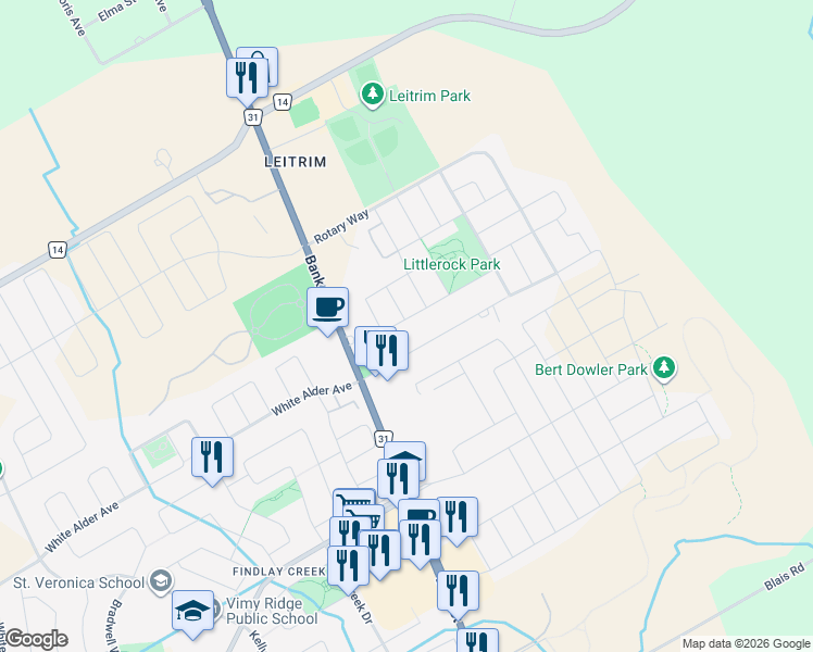 map of restaurants, bars, coffee shops, grocery stores, and more near 767 Fiddlehead Street in Ottawa