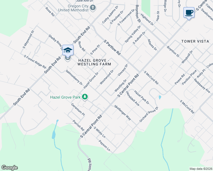 map of restaurants, bars, coffee shops, grocery stores, and more near 19406 Westwood Drive in Oregon City
