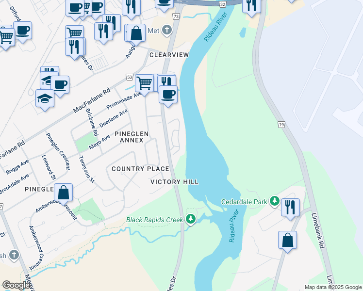 map of restaurants, bars, coffee shops, grocery stores, and more near 55 Waterford Drive in Ottawa