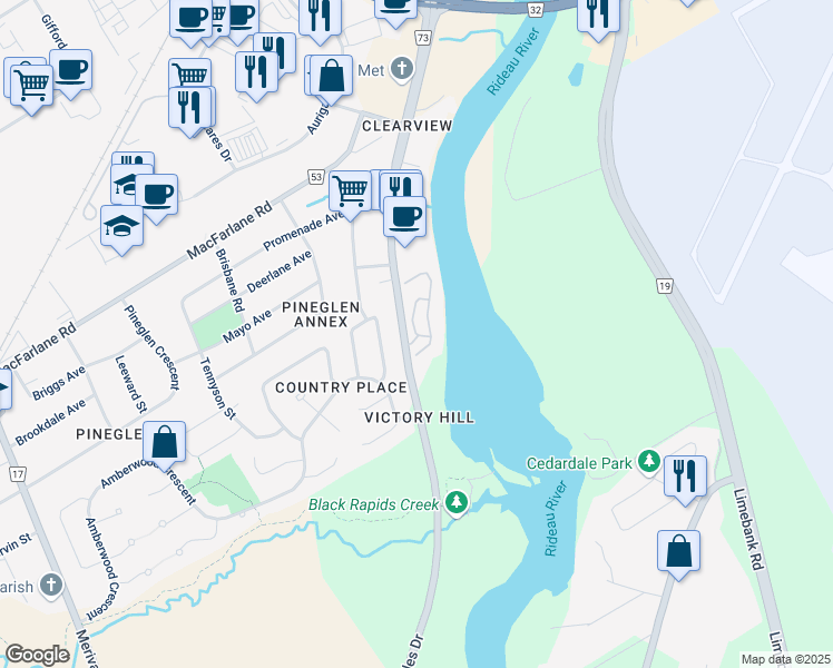 map of restaurants, bars, coffee shops, grocery stores, and more near 75 Waterford Way in Ottawa