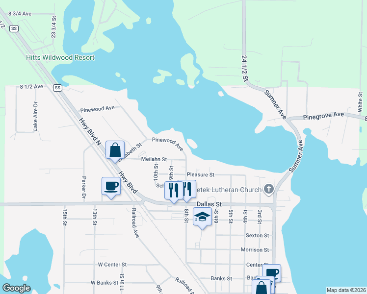 map of restaurants, bars, coffee shops, grocery stores, and more near 1734 Pinewood Avenue in Chetek