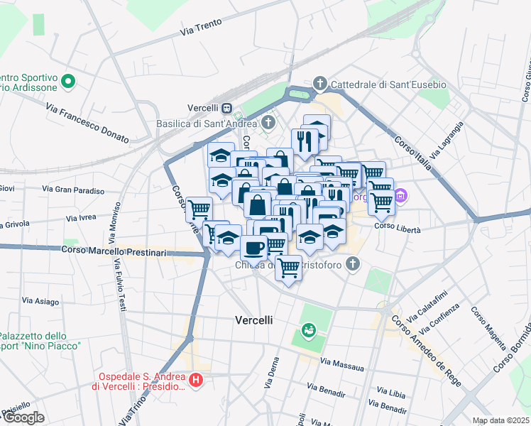 map of restaurants, bars, coffee shops, grocery stores, and more near 61 Via Dante Alighieri in Vercelli