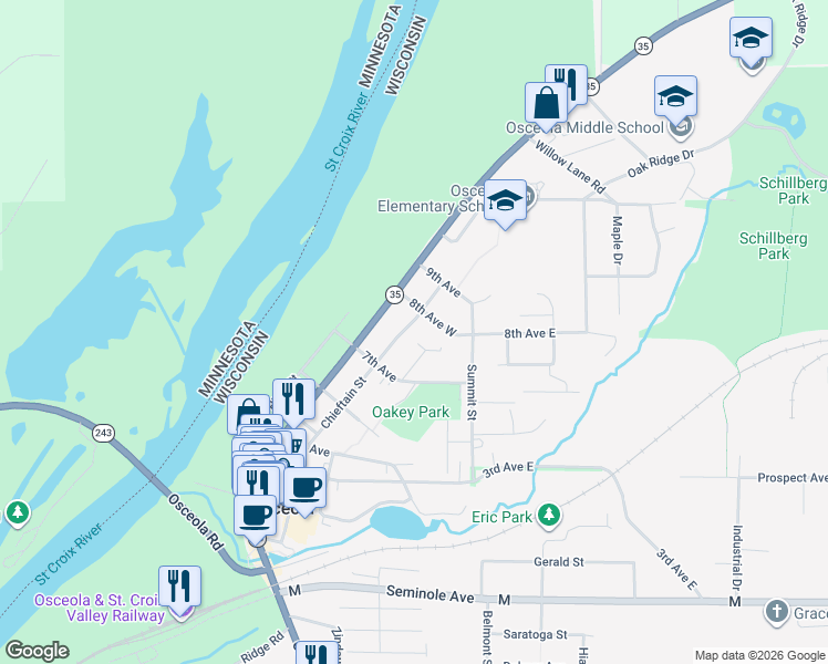 map of restaurants, bars, coffee shops, grocery stores, and more near 716 Chieftain Street in Osceola