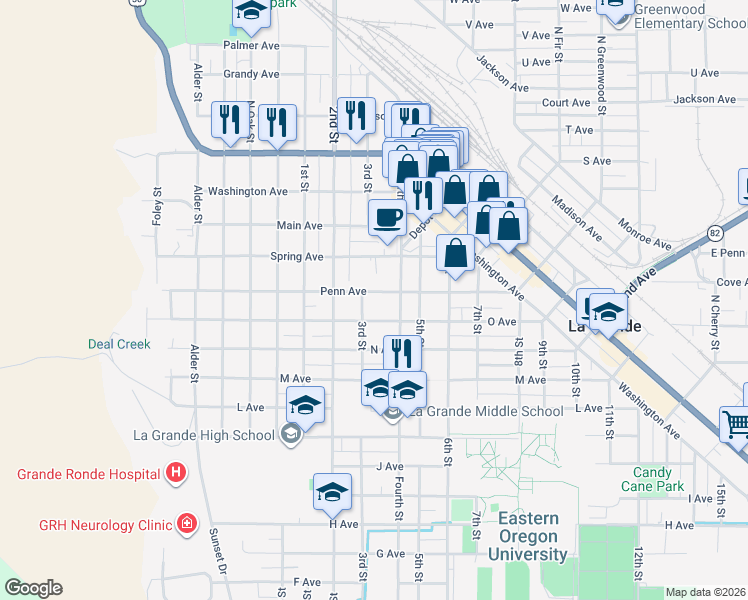 map of restaurants, bars, coffee shops, grocery stores, and more near 906 Penn Avenue in La Grande