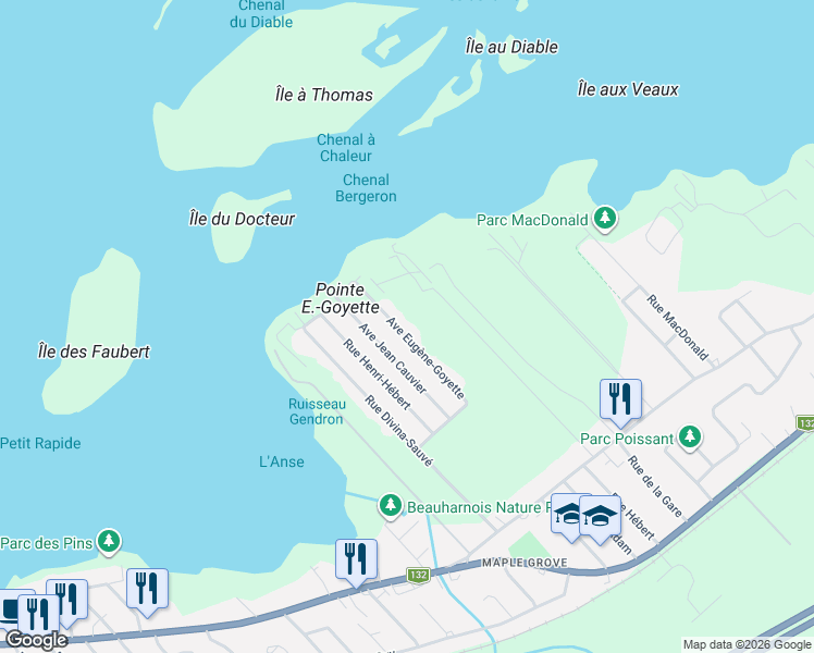 map of restaurants, bars, coffee shops, grocery stores, and more near 438 Rue Eugène Goyette in Beauharnois