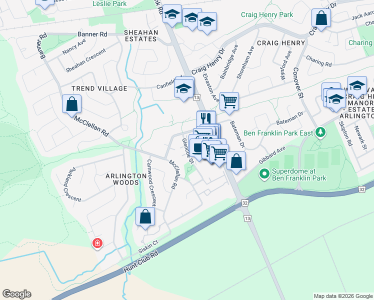 map of restaurants, bars, coffee shops, grocery stores, and more near 18 Glencoe Street in Ottawa