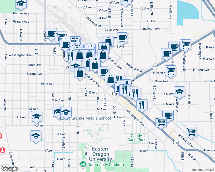 map of restaurants, bars, coffee shops, grocery stores, and more near 1510 Adams Avenue in La Grande