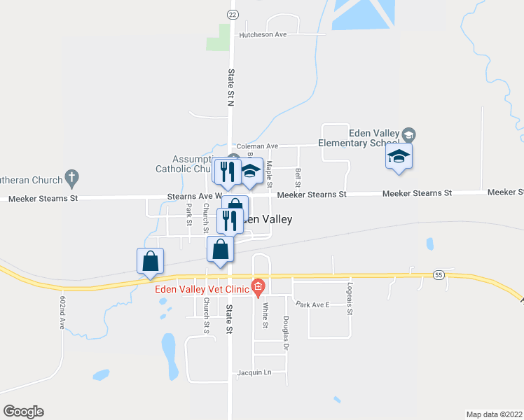 map of restaurants, bars, coffee shops, grocery stores, and more near 298 Brooks Street North in Eden Valley