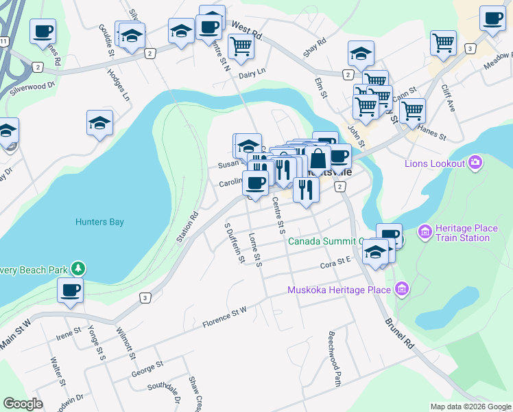 map of restaurants, bars, coffee shops, grocery stores, and more near 14 Minerva Street West in Huntsville