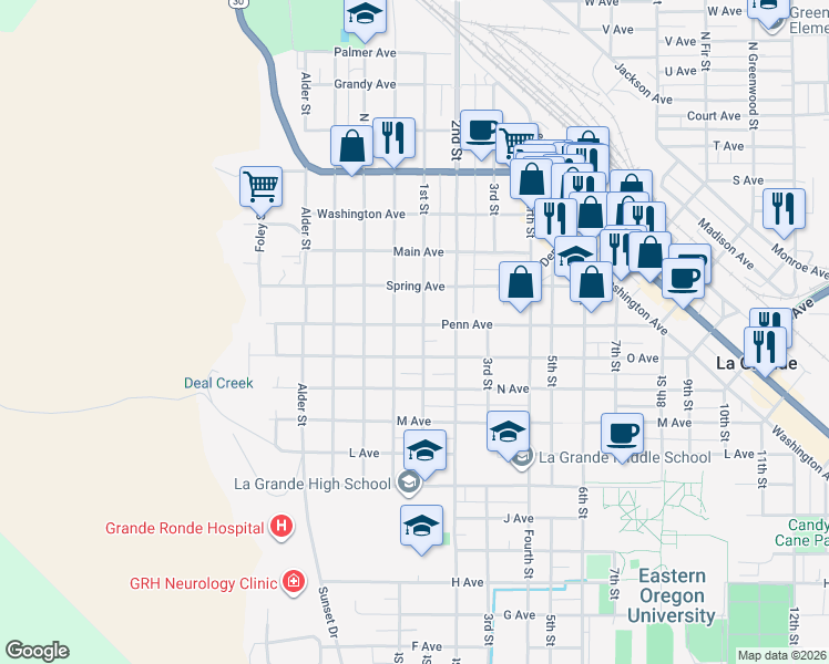 map of restaurants, bars, coffee shops, grocery stores, and more near 1508 1st Street in La Grande