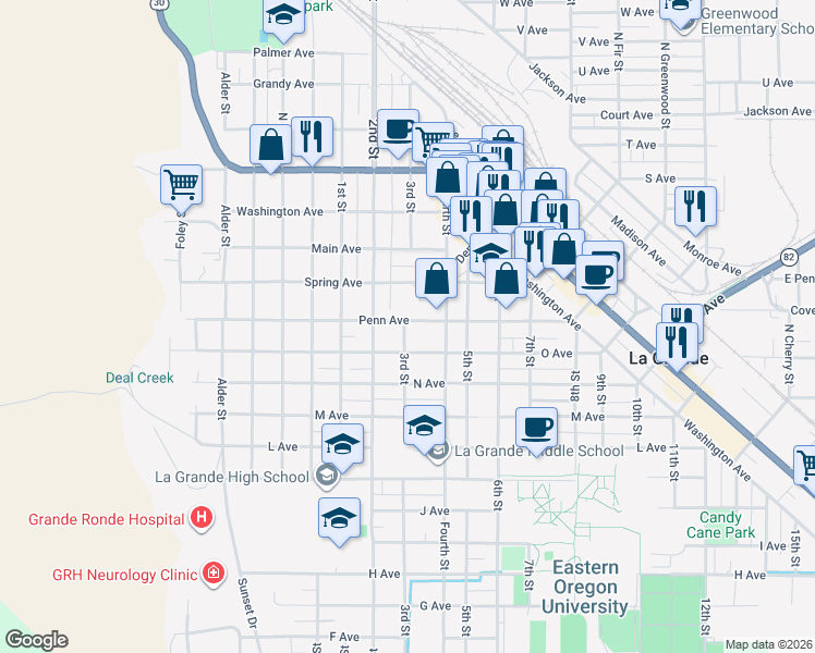 map of restaurants, bars, coffee shops, grocery stores, and more near 906 Penn Avenue in La Grande