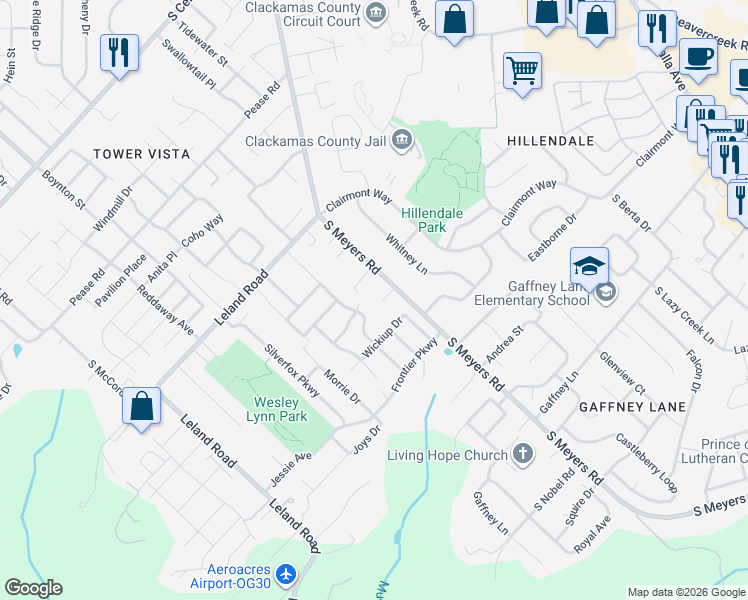 map of restaurants, bars, coffee shops, grocery stores, and more near 19439 South Meyers Road in Oregon City