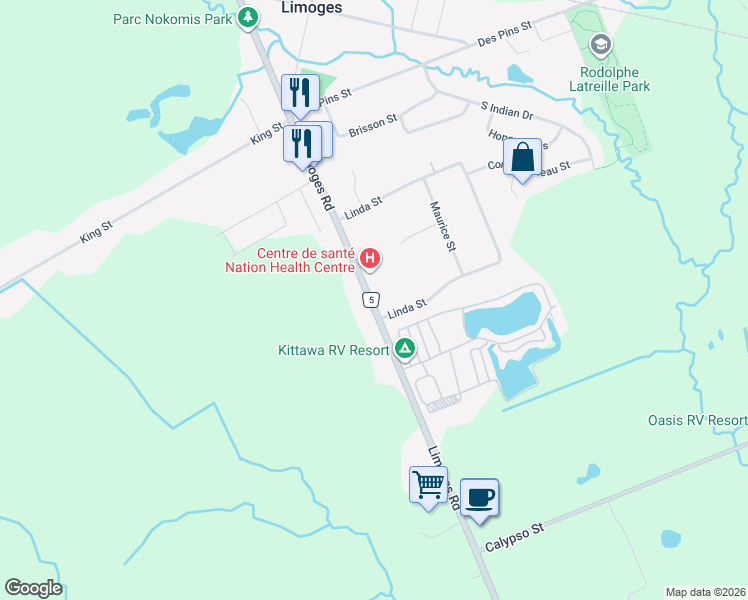 map of restaurants, bars, coffee shops, grocery stores, and more near 615 County Road 5 in Limoges