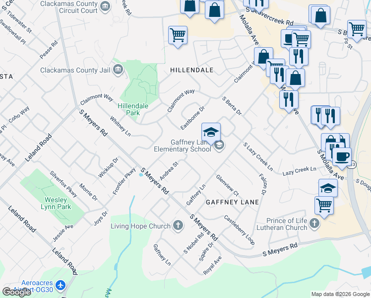 map of restaurants, bars, coffee shops, grocery stores, and more near 19358 Red Hawk Drive in Oregon City