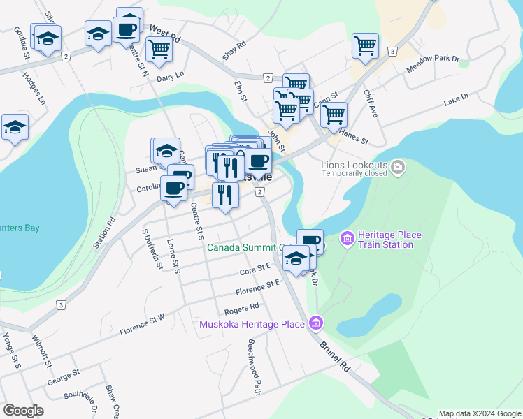 map of restaurants, bars, coffee shops, grocery stores, and more near 17 Princess Street in Huntsville