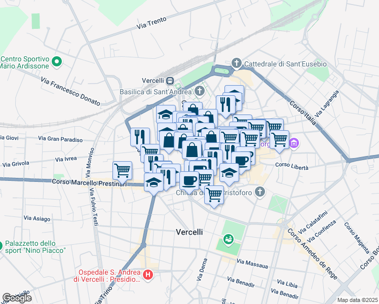 map of restaurants, bars, coffee shops, grocery stores, and more near 52 Viale Giuseppe Garibaldi in Vercelli
