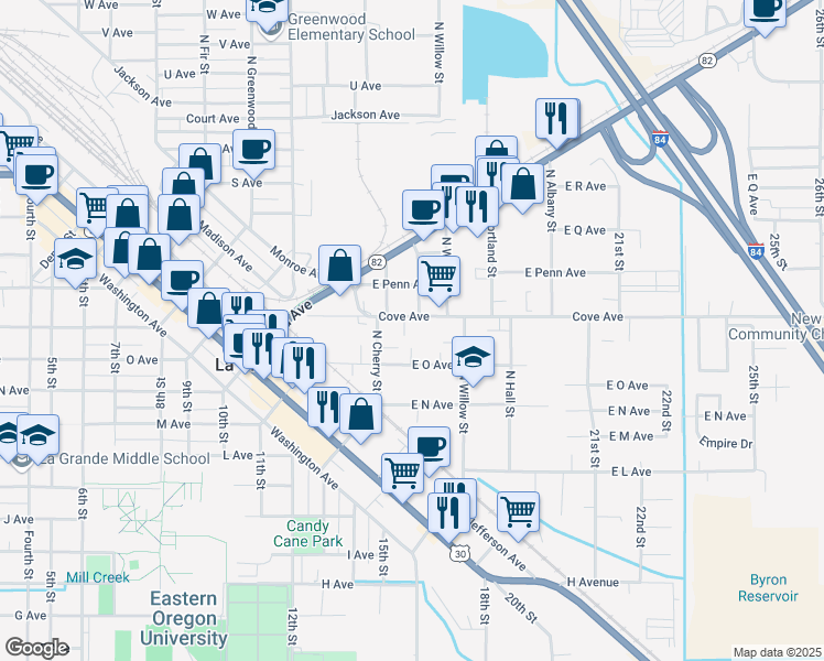 map of restaurants, bars, coffee shops, grocery stores, and more near 1906 Cove Avenue in La Grande