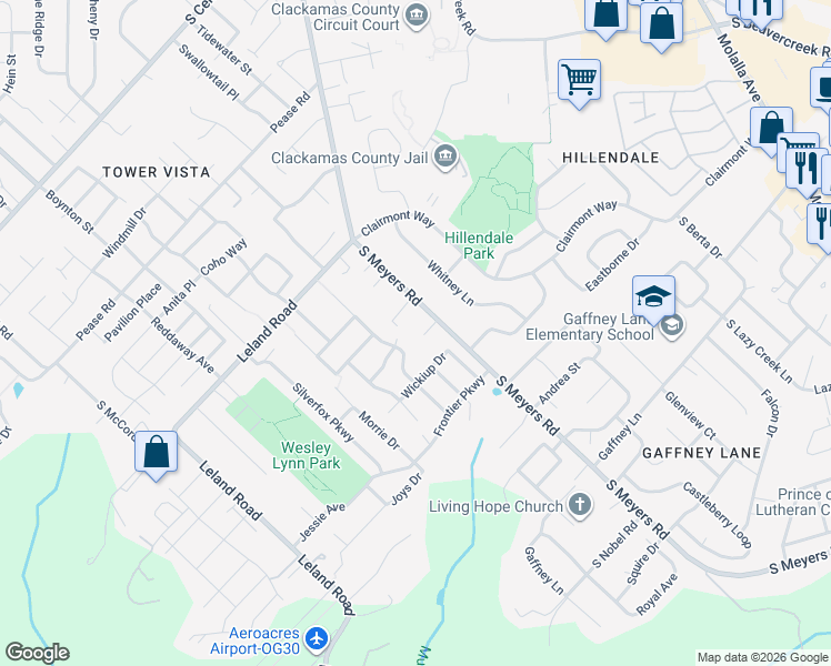 map of restaurants, bars, coffee shops, grocery stores, and more near 19439 South Meyers Road in Oregon City