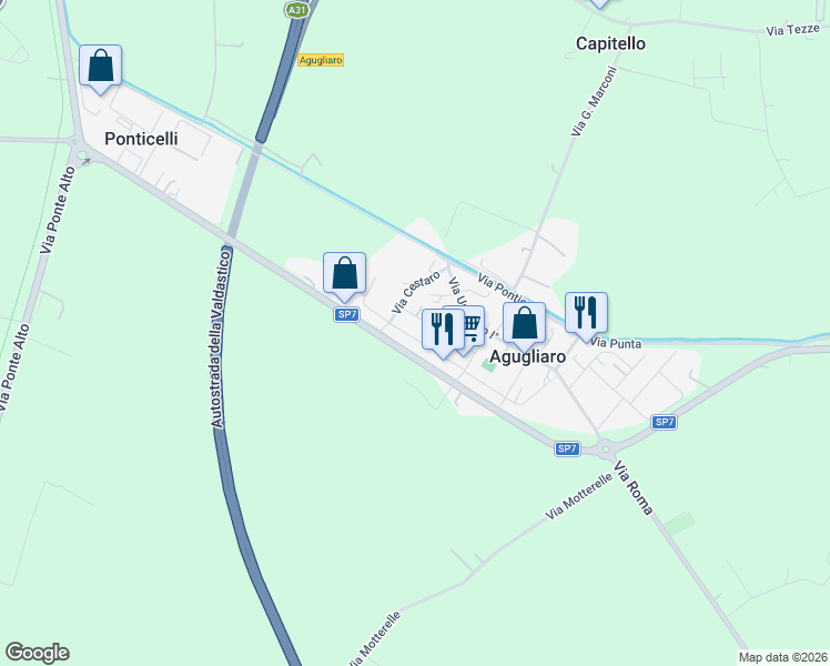 map of restaurants, bars, coffee shops, grocery stores, and more near 12 Via Suor M. E. Andreoli in Agugliaro