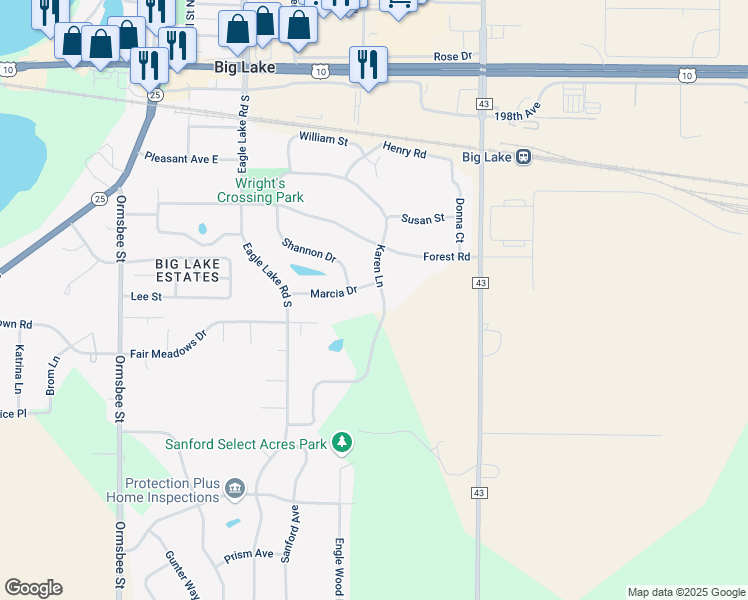 map of restaurants, bars, coffee shops, grocery stores, and more near 576 Karen Lane in Big Lake