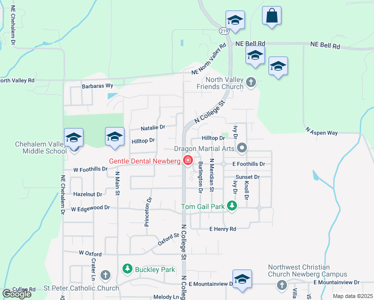 map of restaurants, bars, coffee shops, grocery stores, and more near 3429 Burlington Drive in Newberg