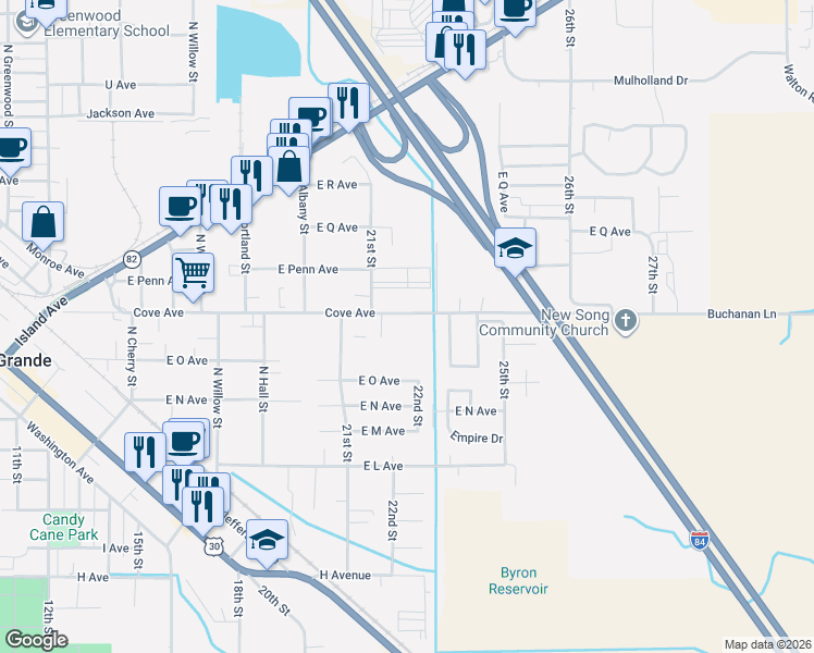 map of restaurants, bars, coffee shops, grocery stores, and more near 2514 Cove Avenue in La Grande