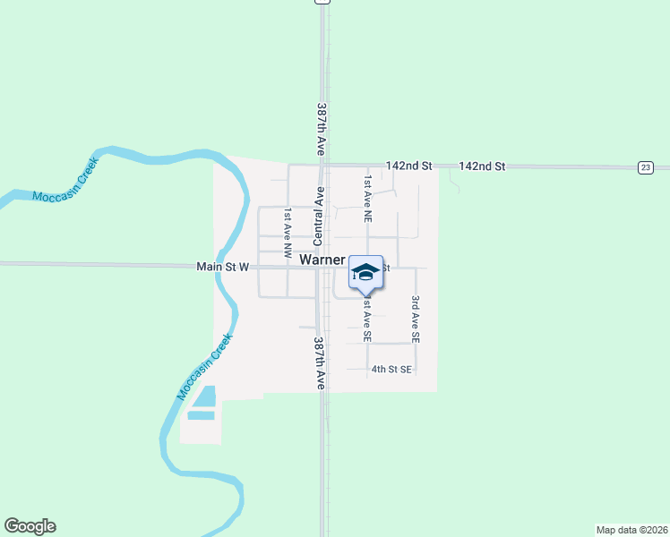 map of restaurants, bars, coffee shops, grocery stores, and more near 2 1st Street Southeast in Warner