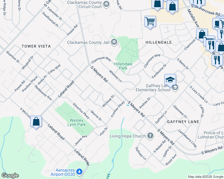 map of restaurants, bars, coffee shops, grocery stores, and more near 19439 South Meyers Road in Oregon City