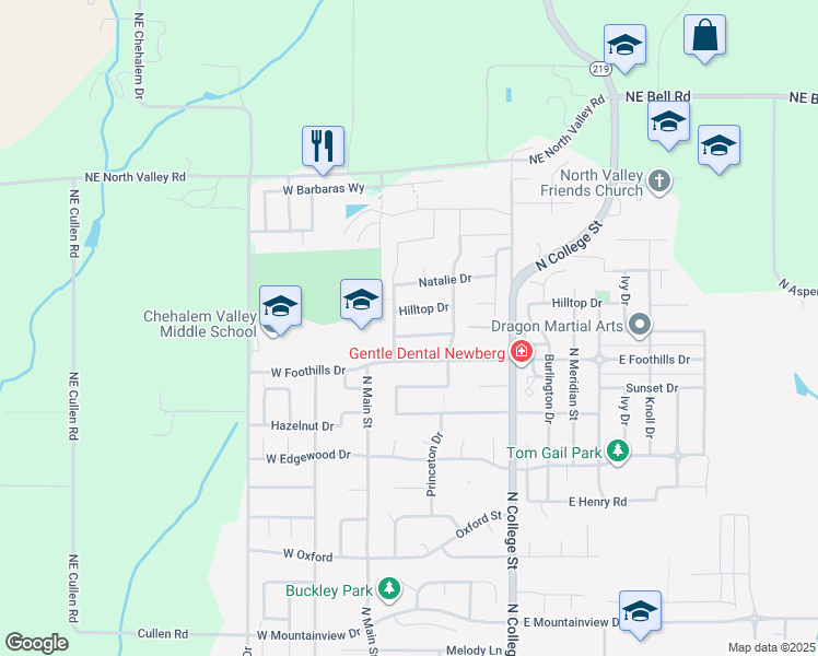 map of restaurants, bars, coffee shops, grocery stores, and more near 217 Hillsdale Drive in Newberg