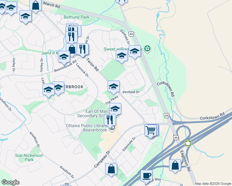 map of restaurants, bars, coffee shops, grocery stores, and more near 57 Callaghan Private in Ottawa