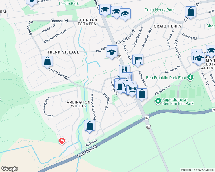 map of restaurants, bars, coffee shops, grocery stores, and more near 39 Bellman Drive in Ottawa