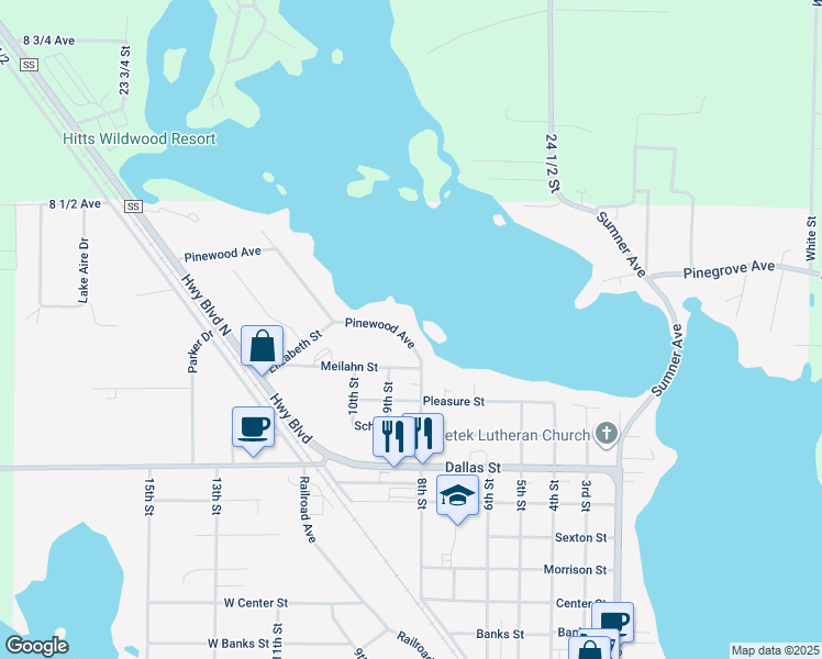 map of restaurants, bars, coffee shops, grocery stores, and more near 1734 Pinewood Avenue in Chetek
