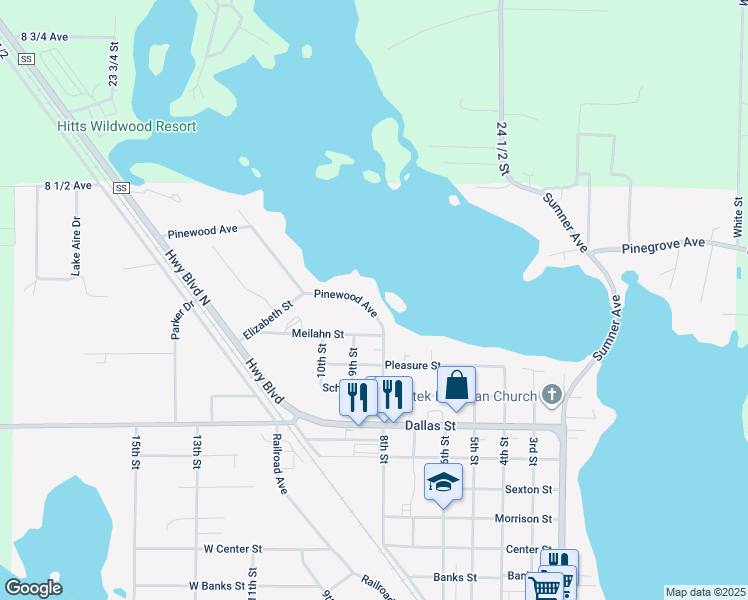 map of restaurants, bars, coffee shops, grocery stores, and more near 1734 Pinewood Avenue in Chetek
