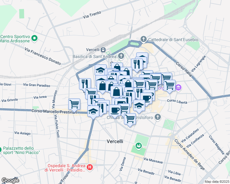 map of restaurants, bars, coffee shops, grocery stores, and more near 52 Viale Giuseppe Garibaldi in Vercelli