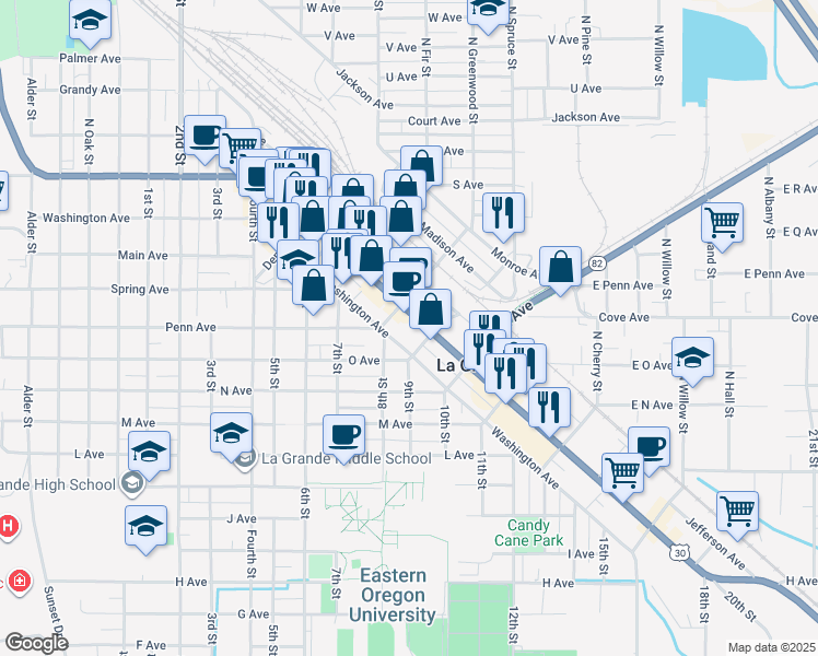 map of restaurants, bars, coffee shops, grocery stores, and more near 1510 Adams Avenue in La Grande