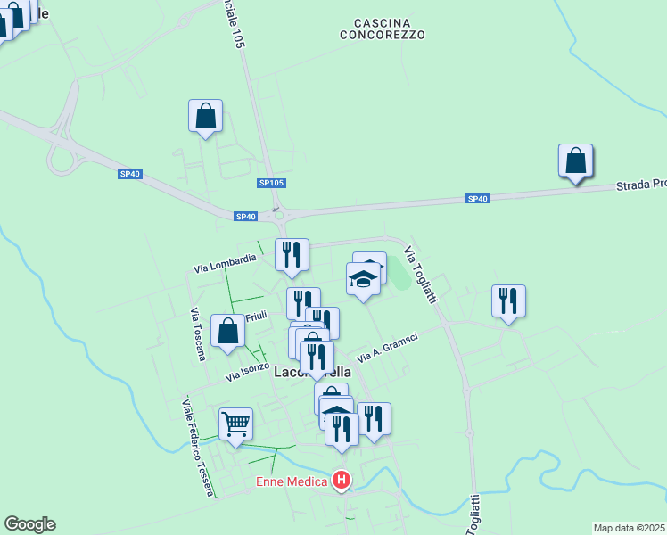 map of restaurants, bars, coffee shops, grocery stores, and more near 3 Via Fratelli Rosselli in Lacchiarella