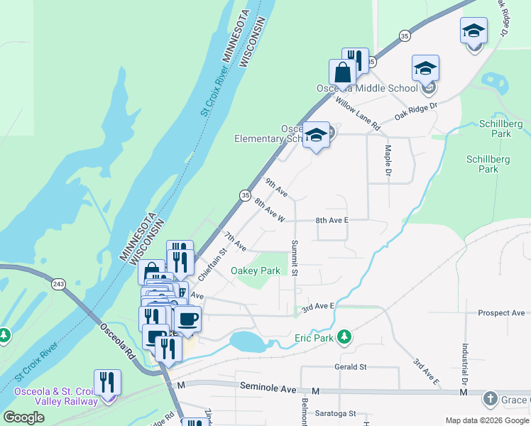 map of restaurants, bars, coffee shops, grocery stores, and more near 716 Chieftain Street in Osceola