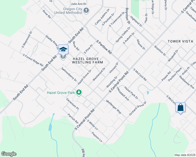 map of restaurants, bars, coffee shops, grocery stores, and more near 19406 Westwood Drive in Oregon City