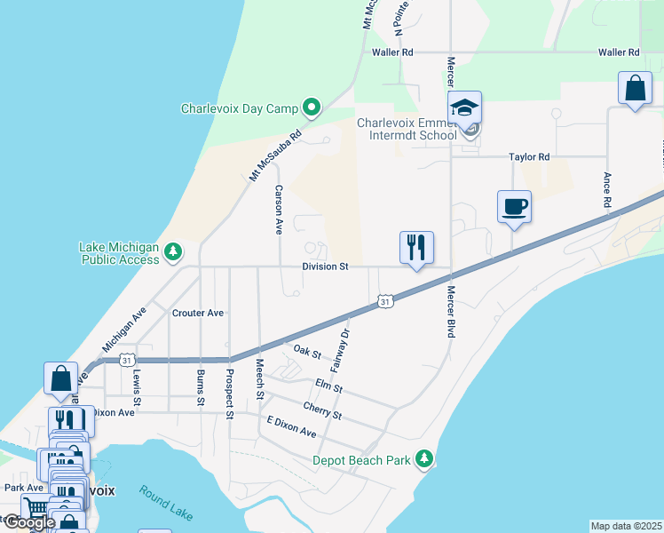 map of restaurants, bars, coffee shops, grocery stores, and more near 13513 Division St in Charlevoix