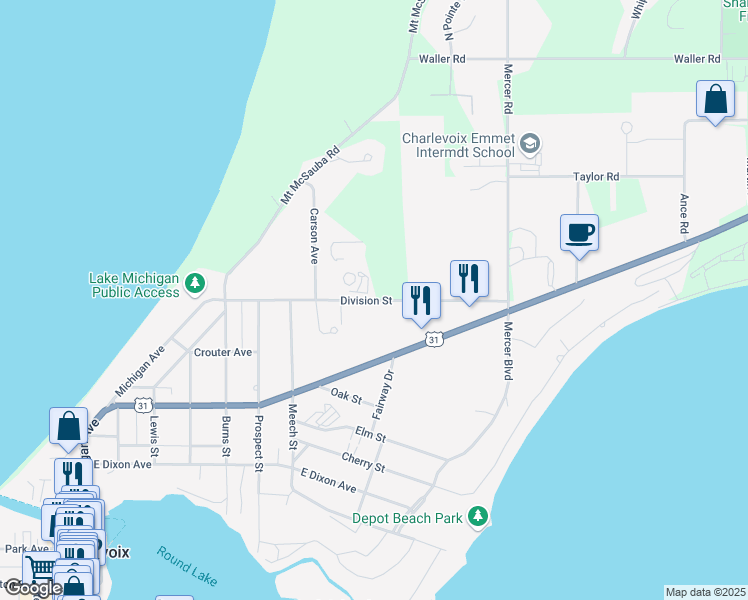map of restaurants, bars, coffee shops, grocery stores, and more near 13513 Division Street in Charlevoix