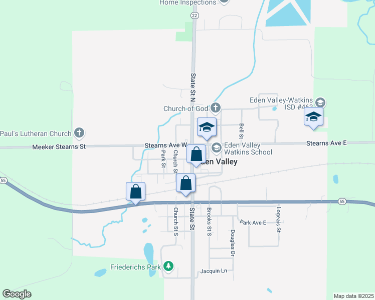 map of restaurants, bars, coffee shops, grocery stores, and more near 342 State Street North in Eden Valley