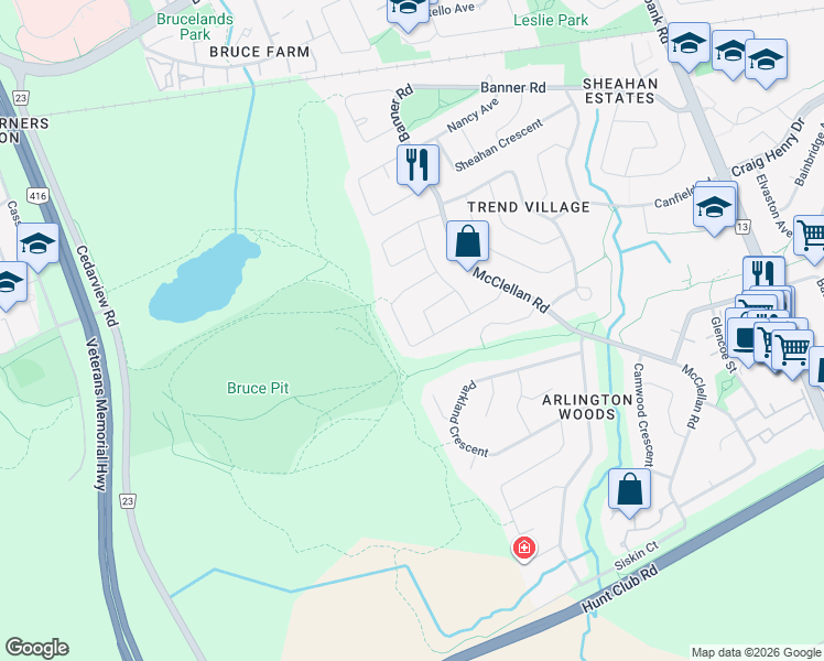 map of restaurants, bars, coffee shops, grocery stores, and more near 46 Hobart Crescent in Ottawa
