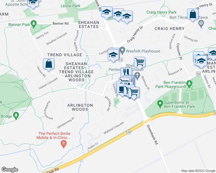 map of restaurants, bars, coffee shops, grocery stores, and more near 29 Bellman Drive in Ottawa