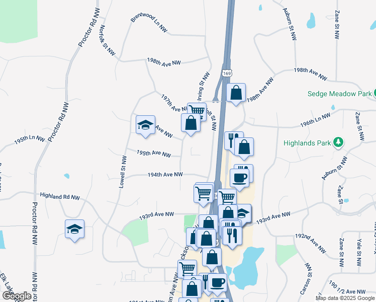map of restaurants, bars, coffee shops, grocery stores, and more near 19522 Holt Street Northwest in Elk River
