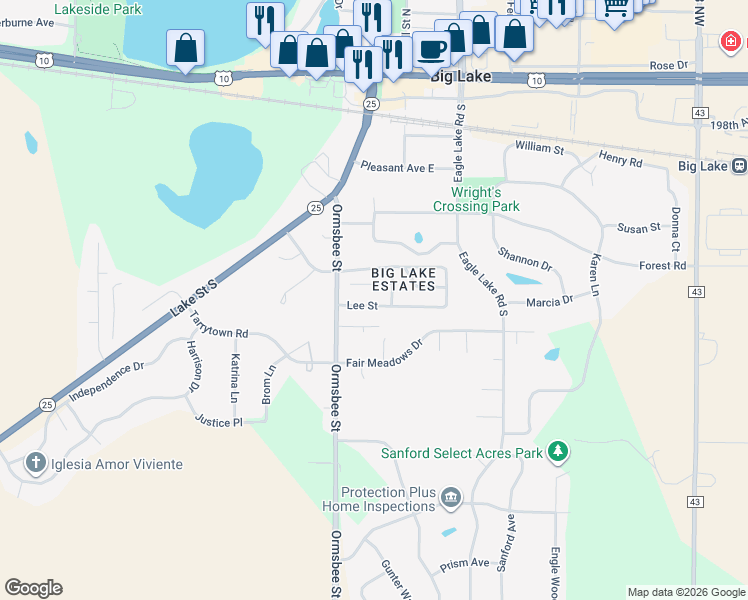 map of restaurants, bars, coffee shops, grocery stores, and more near 116 Lee Street in Big Lake